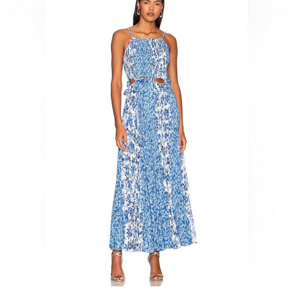 Amur holland tie pleated dress in Mykonos Blue Porcelain. Size 4.